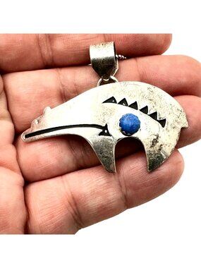 Vintage Blue Lapis Sterling Silver Bear Pendant Necklace Unisex Size 22 Inch
